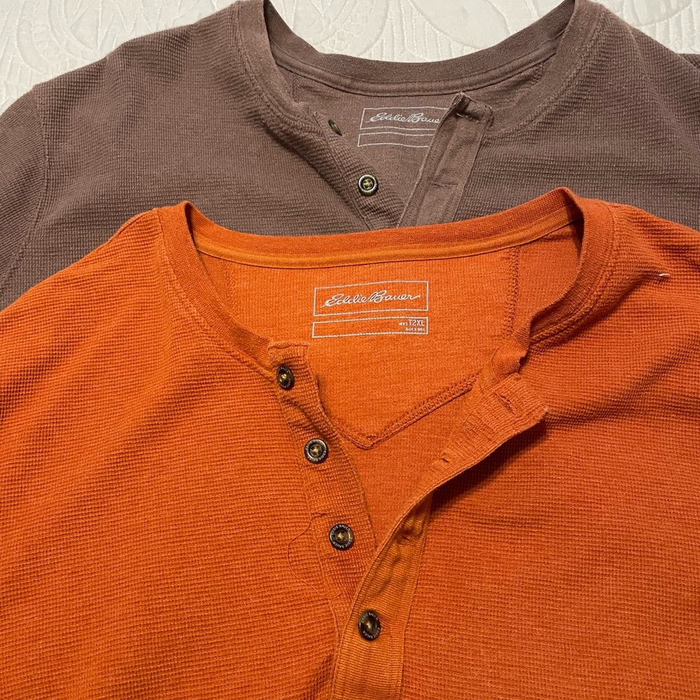 Lot of two Eddie Bauer Men's long Sleeve Henley in Orange and Brown